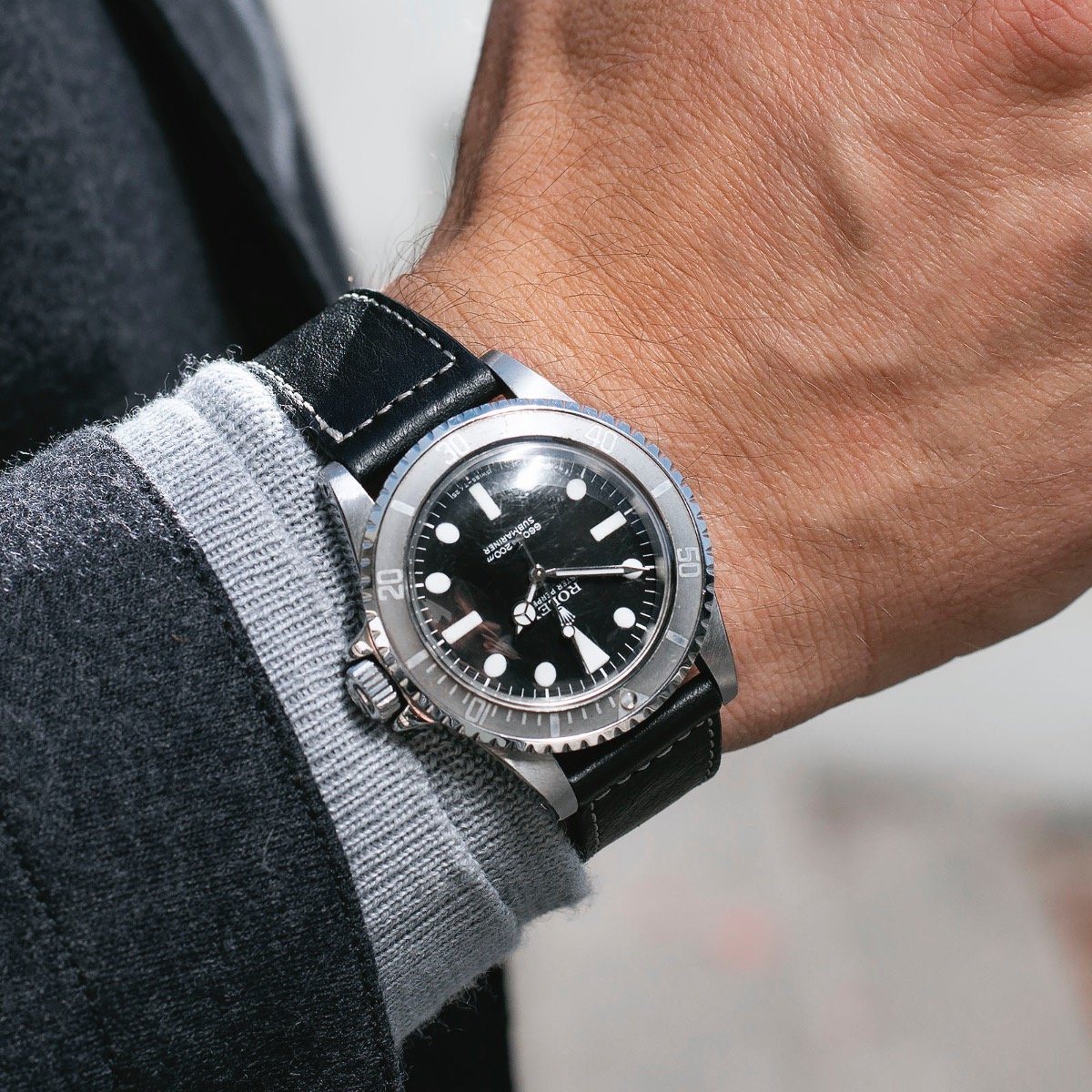 Black Boxed Stitch Leather Watch Strap